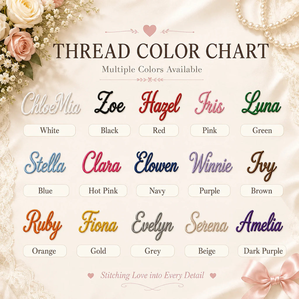 Thread color chart displaying available embroidery thread shades with text labels from white and black to brown and purple.