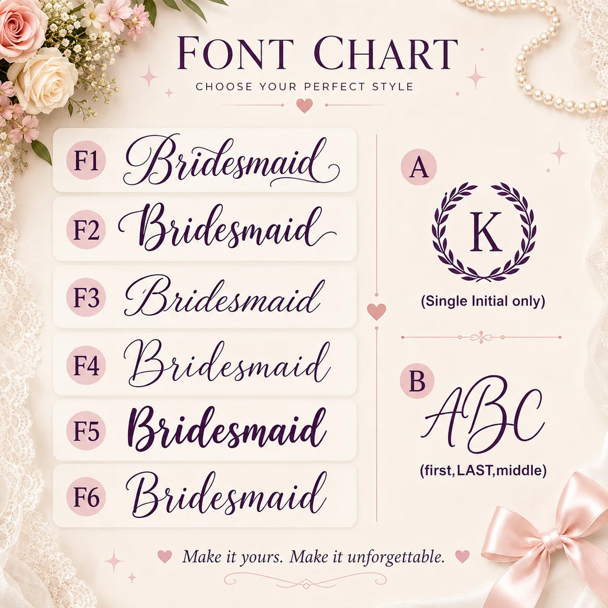 Font chart showcasing selectable script styles labeled F1 through F6 alongside single and triple initial options.