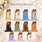 Color palette chart showing the ruffle pajama set in yellow, off-white, royal blue, sky blue, black, green, brown, orange