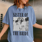 Blue custom photo t-shirt printed with Sister of the Bride design worn indoors.