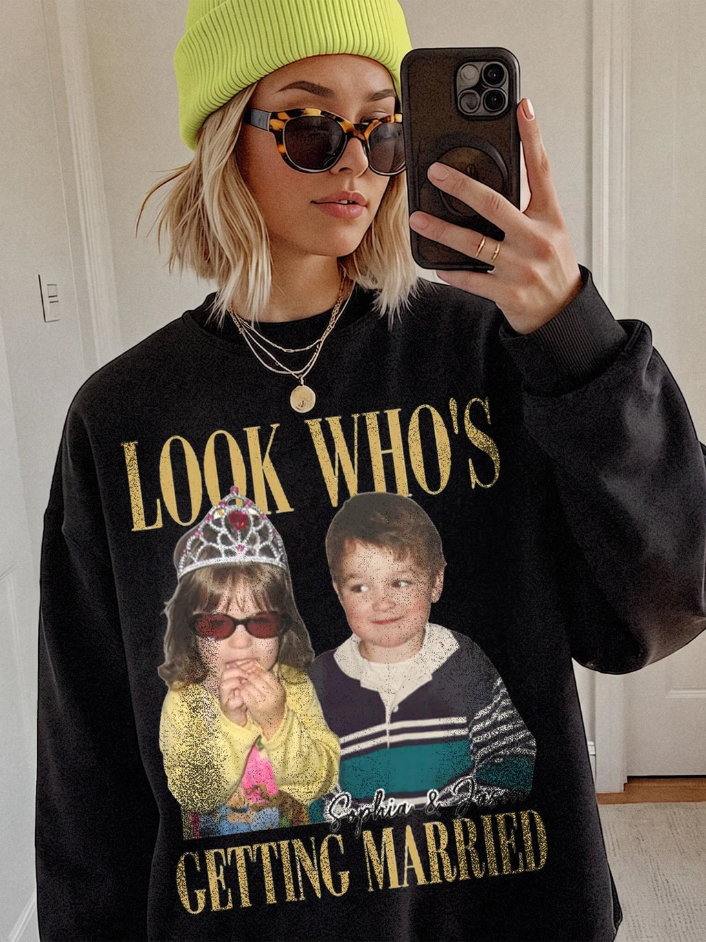 A black custom photo tee worn with a yellow beanie, featuring a childhood photo shirt design with gold lettering and couple