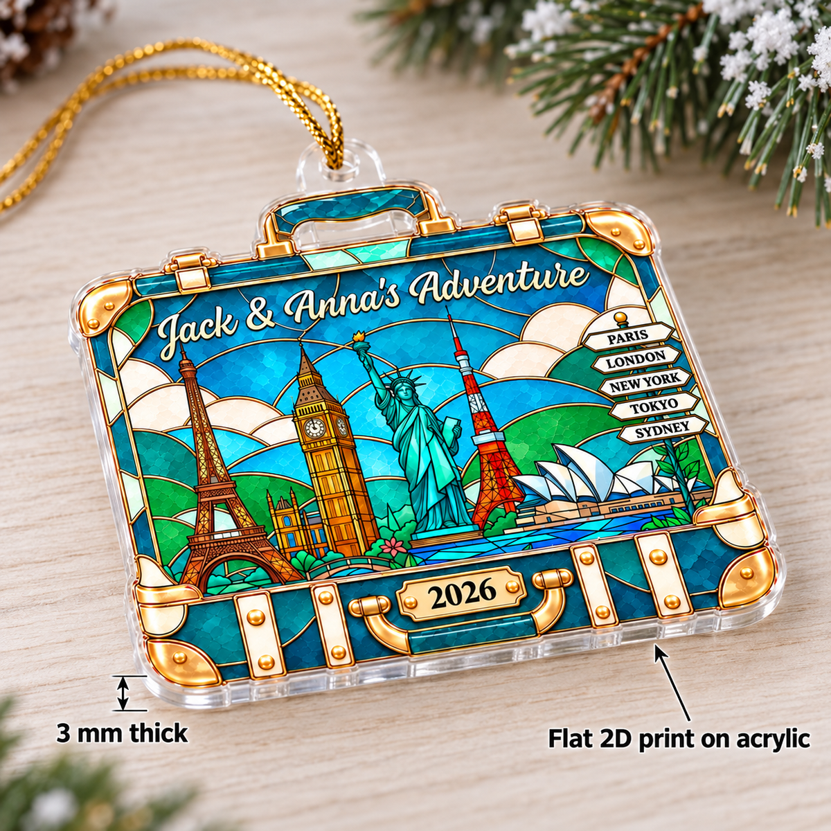 Close-up of the vintage suitcase travel ornament lying on a wooden surface showing its 3mm thickness and flat 2D acrylic