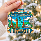 Customer in Los Angeles wearing Stained Glass World Travel Suitcase Ornament Personalized Holiday Gift for Travelers