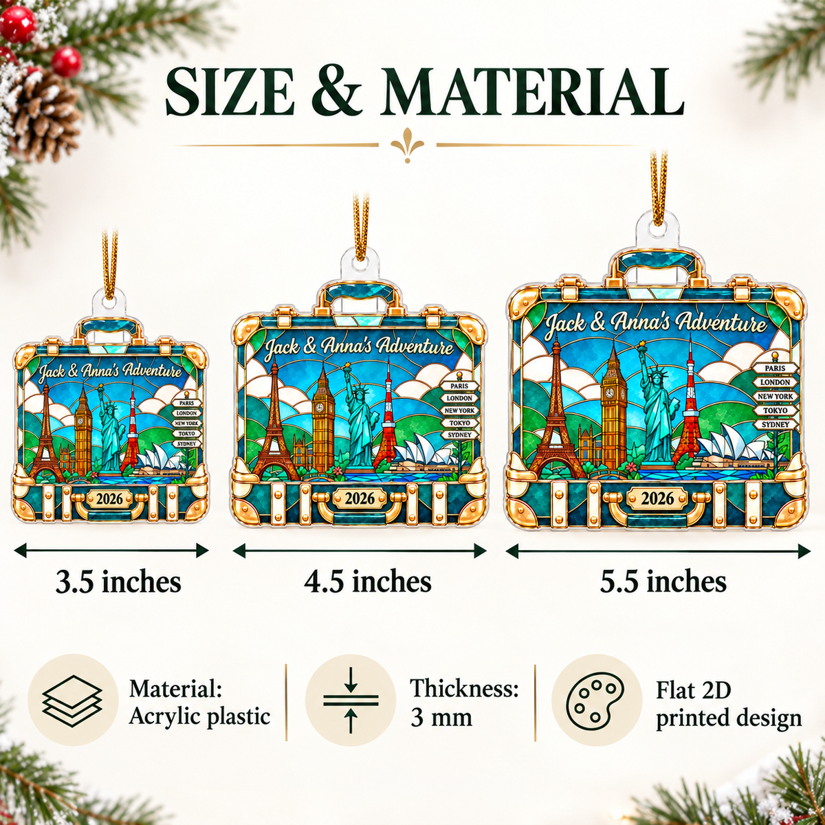 Close-up of Stained Glass World Travel Suitcase Ornament Personalized Holiday Gift for Travelers for streetwear fans in Los Angeles