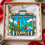 Customer in Los Angeles wearing Stained Glass World Travel Suitcase Ornament Personalized Holiday Gift for Travelers