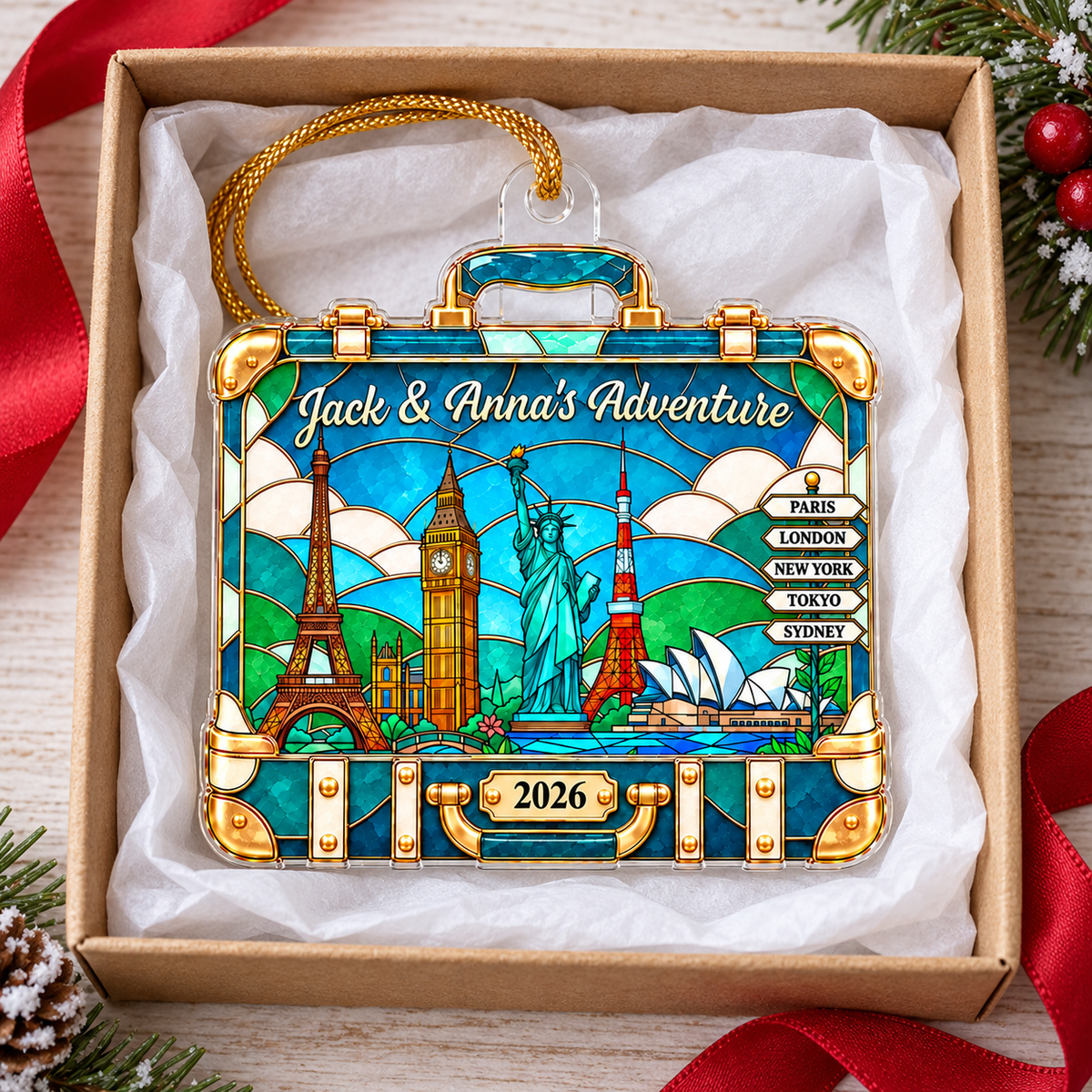 Customer in Los Angeles wearing Stained Glass World Travel Suitcase Ornament Personalized Holiday Gift for Travelers