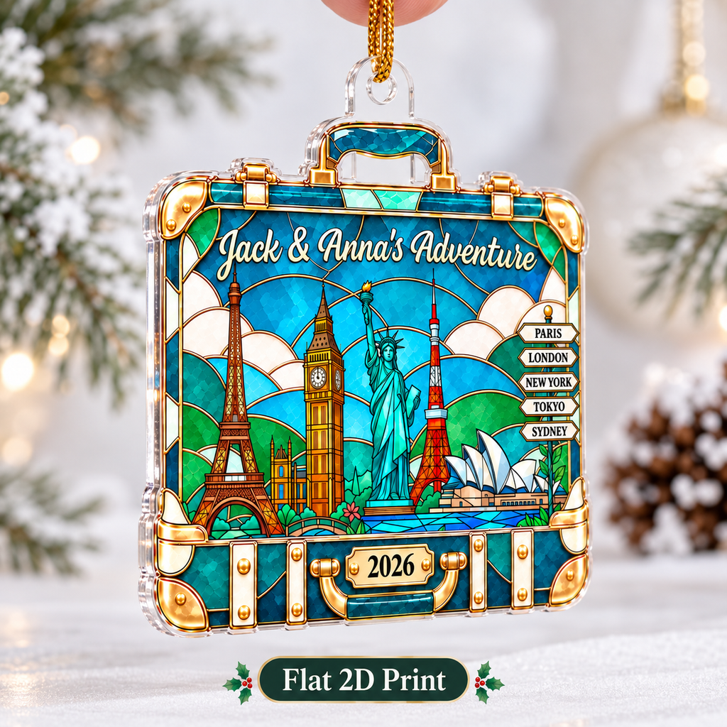 Close-up of Stained Glass World Travel Suitcase Ornament Personalized Holiday Gift for Travelers for streetwear fans in Los Angeles