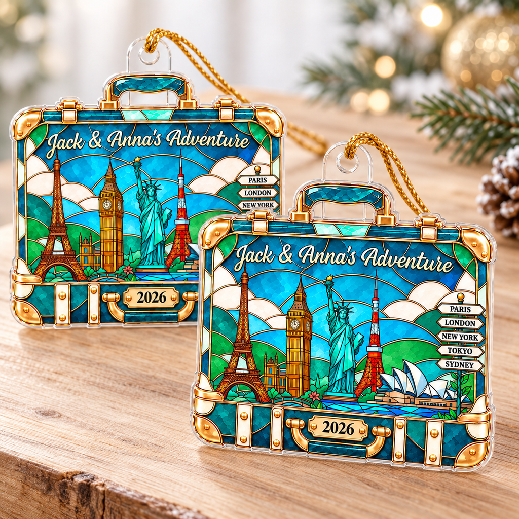 Customer in Los Angeles wearing Stained Glass World Travel Suitcase Ornament Personalized Holiday Gift for Travelers