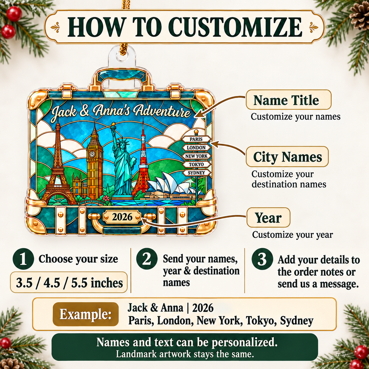Close-up of Stained Glass World Travel Suitcase Ornament Personalized Holiday Gift for Travelers for streetwear fans in Los Angeles