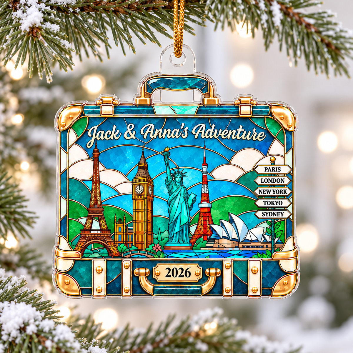 Personalized acrylic world travel suitcase ornament hanging on a snowy pine tree branch with Art Deco landmarks design.