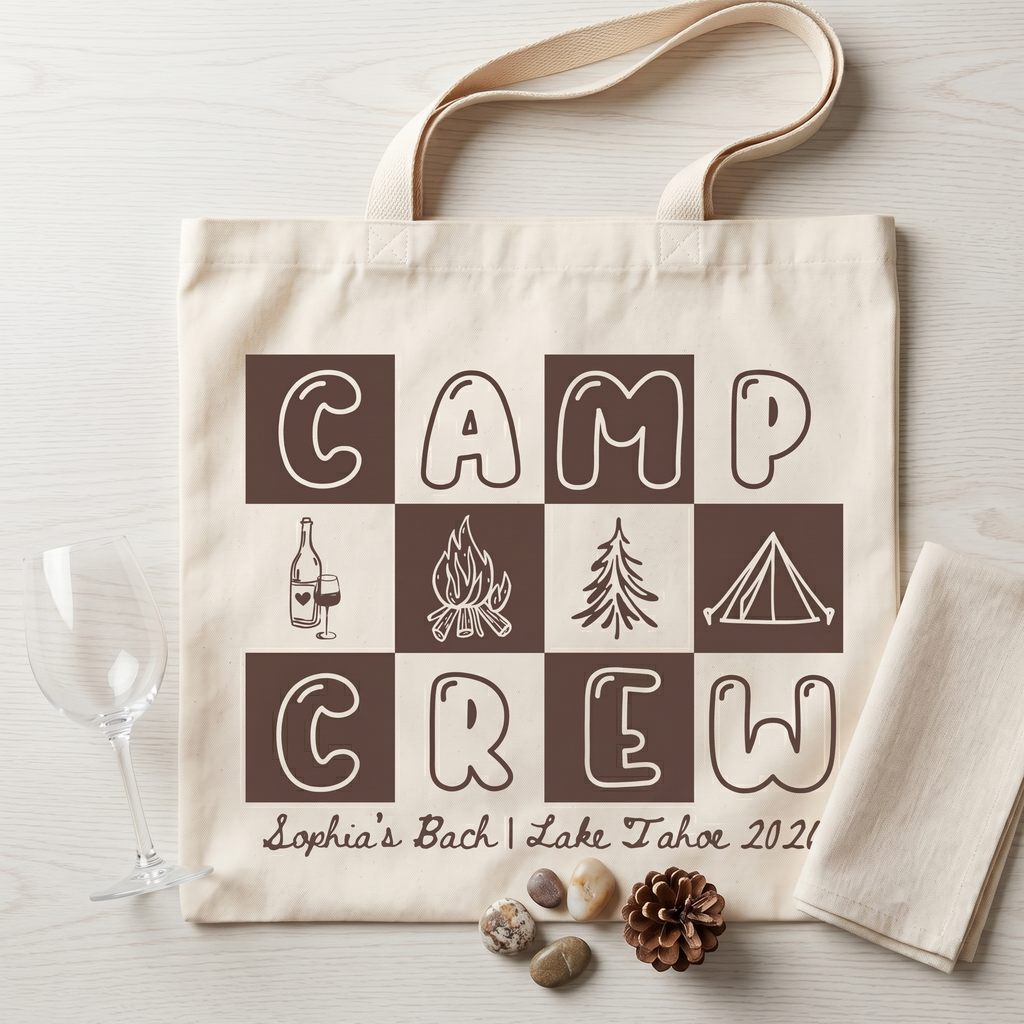 RodyThread Camp Bach Crew Lake Tahoe Bachelorette Party Favors Tote Bag For Bridesmaids Bridal Squad Retro 90s Preppy Glamping Aesthetic Custom Off-White Canvas Reusable Bag Cabin Trip Goodie Bags Last Trail Gifts