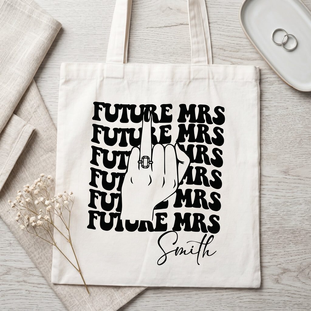 RodyThread Personalized Future Mrs Engagement Party Favor Canvas Tote Bag For Bride To Be Groovy 70s Retro Aesthetic Natural Cotton Custom Bachelorette Bridal Party Gifts Girls Trip Bach Club Welcome Bag Ring Finger Design