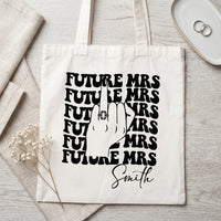 RodyThread Personalized Future Mrs Engagement Party Favor Canvas Tote Bag For Bride To Be Groovy 70s Retro Aesthetic Natural Cotton Custom Bachelorette Bridal Party Gifts Girls Trip Bach Club Welcome Bag Ring Finger Design