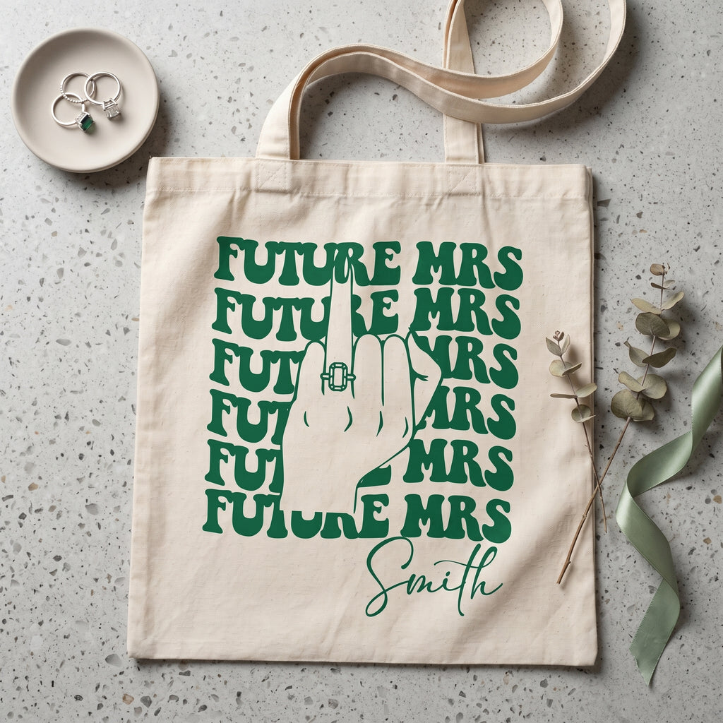 RodyThread Personalized Future Mrs Engagement Party Favor Canvas Tote Bag For Bride To Be Groovy 70s Retro Aesthetic Natural Cotton Custom Bachelorette Bridal Party Gifts Girls Trip Bach Club Welcome Bag Ring Finger Design