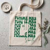 RodyThread Personalized Future Mrs Engagement Party Favor Canvas Tote Bag For Bride To Be Groovy 70s Retro Aesthetic Natural Cotton Custom Bachelorette Bridal Party Gifts Girls Trip Bach Club Welcome Bag Ring Finger Design