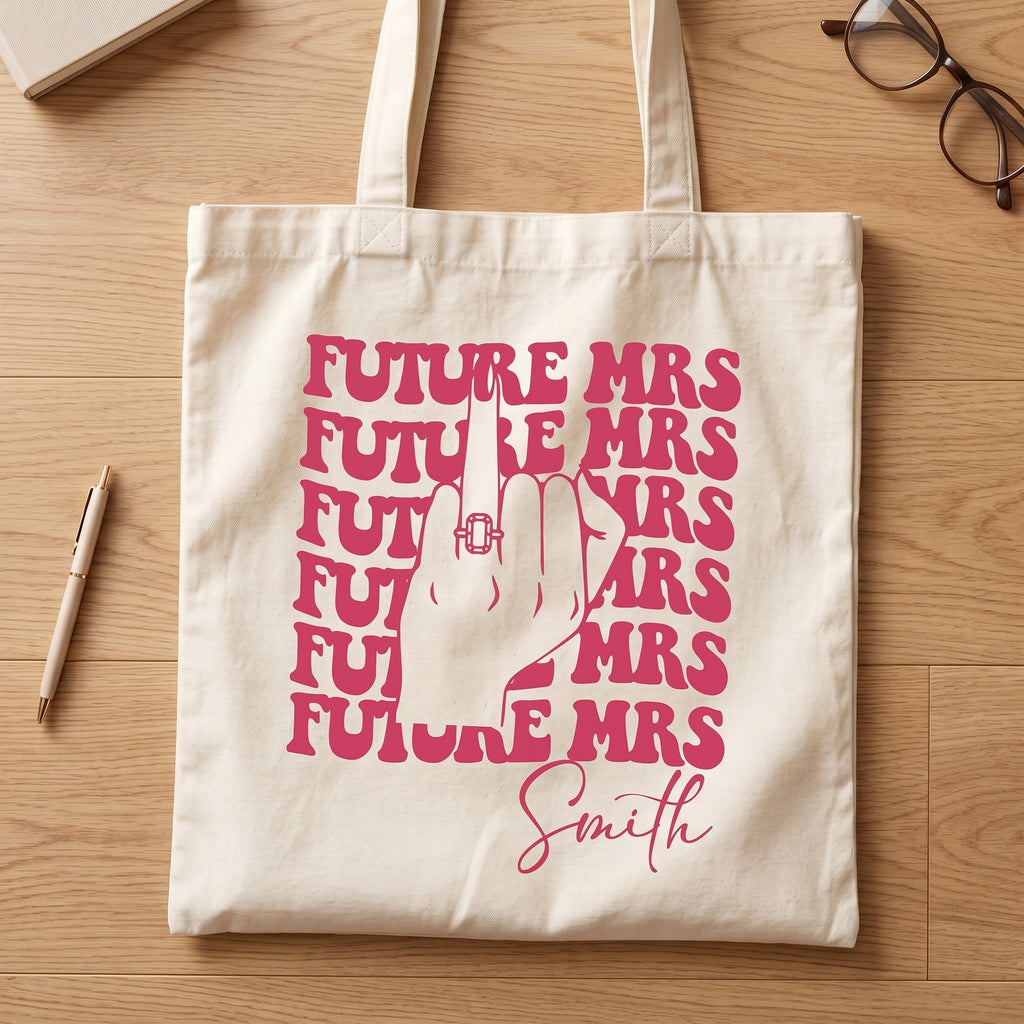 RodyThread Personalized Future Mrs Engagement Party Favor Canvas Tote Bag For Bride To Be Groovy 70s Retro Aesthetic Natural Cotton Custom Bachelorette Bridal Party Gifts Girls Trip Bach Club Welcome Bag Ring Finger Design