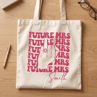 RodyThread Personalized Future Mrs Engagement Party Favor Canvas Tote Bag For Bride To Be Groovy 70s Retro Aesthetic Natural Cotton Custom Bachelorette Bridal Party Gifts Girls Trip Bach Club Welcome Bag Ring Finger Design