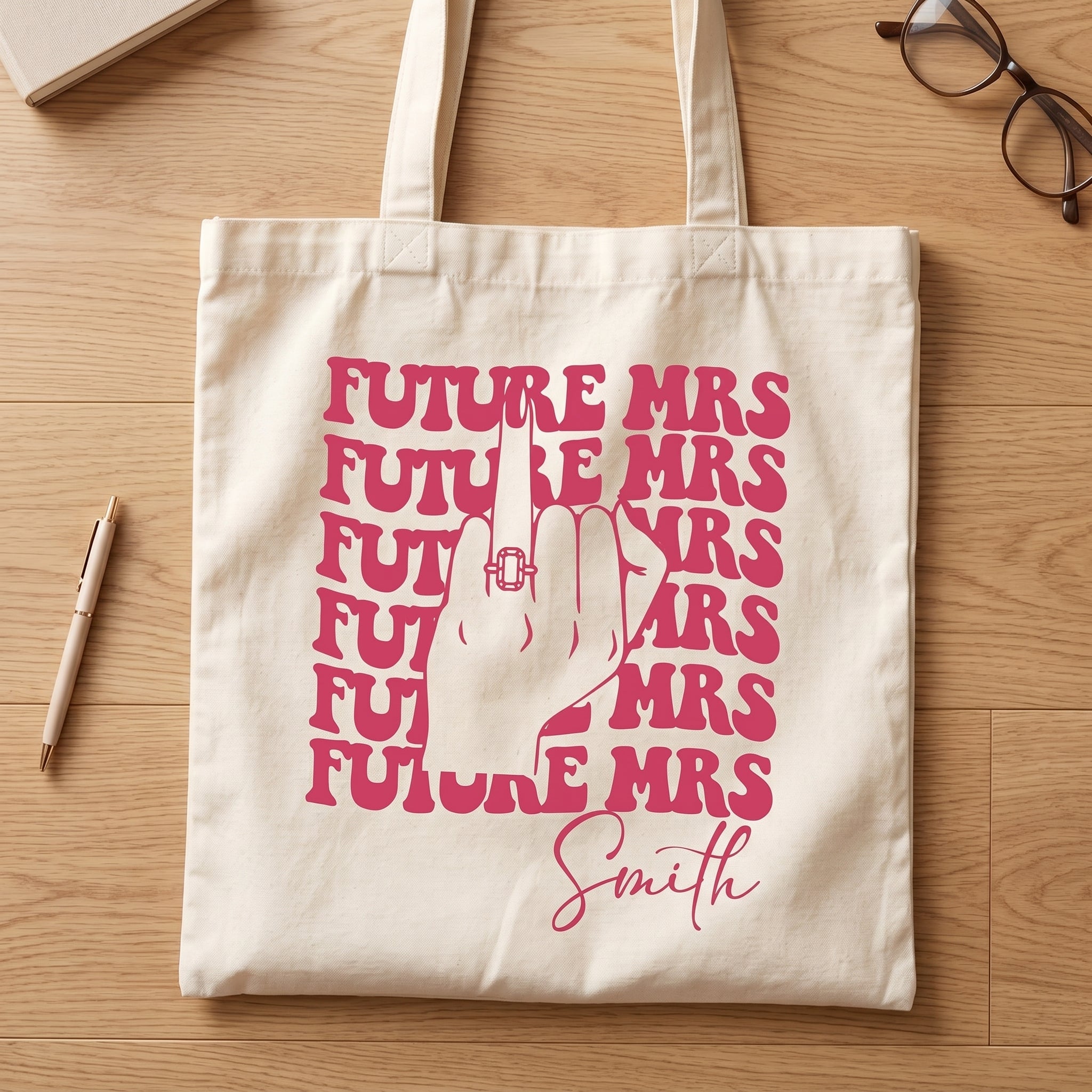 RodyThread Personalized Future Mrs Engagement Party Favor Canvas Tote Bag For Bride To Be Groovy 70s Retro Aesthetic Natural Cotton Custom Bachelorette Bridal Party Gifts Girls Trip Bach Club Welcome Bag Ring Finger Design