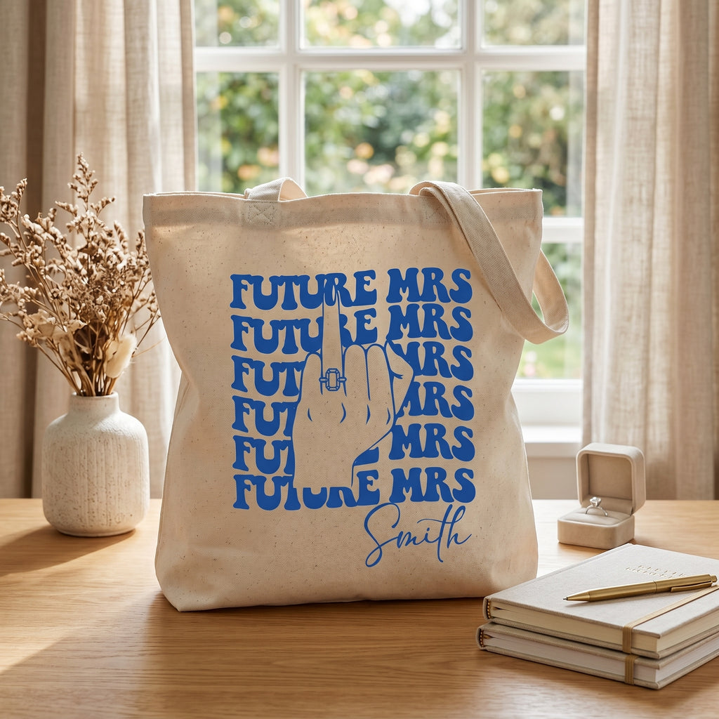RodyThread Personalized Future Mrs Engagement Party Favor Canvas Tote Bag For Bride To Be Groovy 70s Retro Aesthetic Natural Cotton Custom Bachelorette Bridal Party Gifts Girls Trip Bach Club Welcome Bag Ring Finger Design