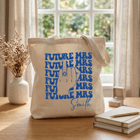 RodyThread Personalized Future Mrs Engagement Party Favor Canvas Tote Bag For Bride To Be Groovy 70s Retro Aesthetic Natural Cotton Custom Bachelorette Bridal Party Gifts Girls Trip Bach Club Welcome Bag Ring Finger Design