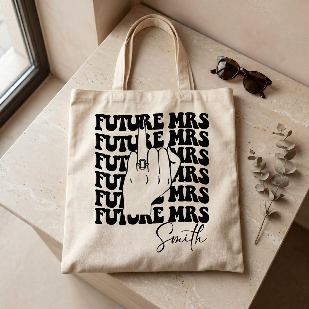 RodyThread Personalized Future Mrs Engagement Party Favor Canvas Tote Bag For Bride To Be Groovy 70s Retro Aesthetic Natural Cotton Custom Bachelorette Bridal Party Gifts Girls Trip Bach Club Welcome Bag Ring Finger Design