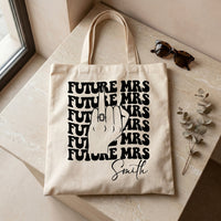 RodyThread Personalized Future Mrs Engagement Party Favor Canvas Tote Bag For Bride To Be Groovy 70s Retro Aesthetic Natural Cotton Custom Bachelorette Bridal Party Gifts Girls Trip Bach Club Welcome Bag Ring Finger Design