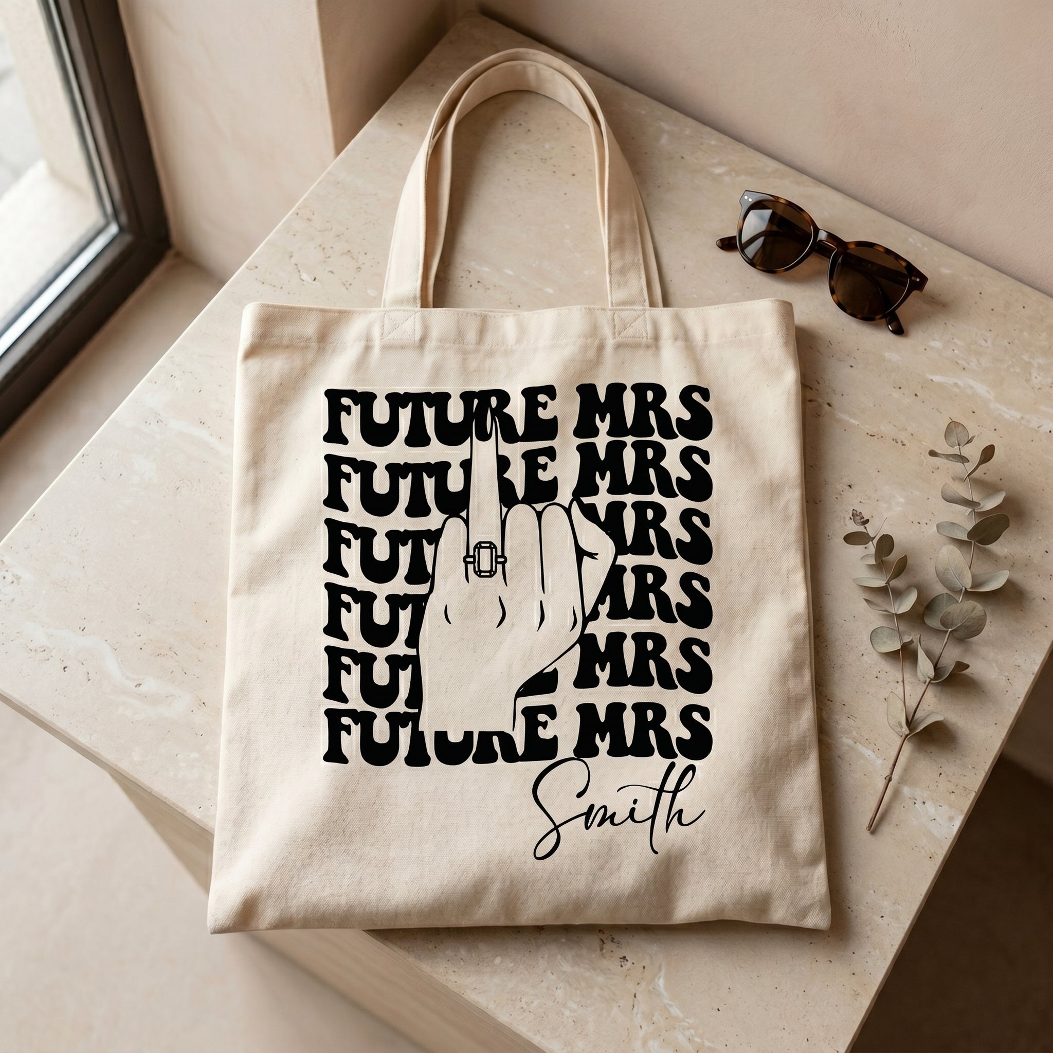 RodyThread Personalized Future Mrs Engagement Party Favor Canvas Tote Bag For Bride To Be Groovy 70s Retro Aesthetic Natural Cotton Custom Bachelorette Bridal Party Gifts Girls Trip Bach Club Welcome Bag Ring Finger Design