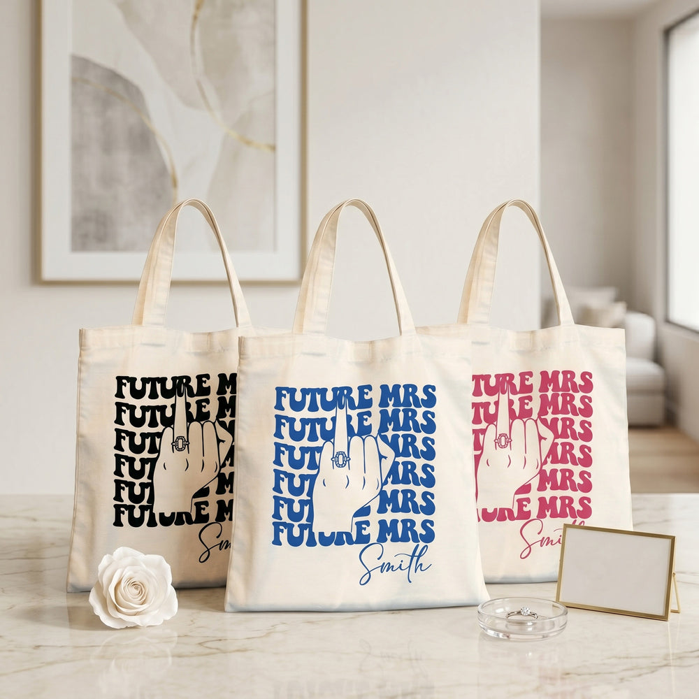 RodyThread Personalized Future Mrs Engagement Party Favor Canvas Tote Bag For Bride To Be Groovy 70s Retro Aesthetic Natural Cotton Custom Bachelorette Bridal Party Gifts Girls Trip Bach Club Welcome Bag Ring Finger Design