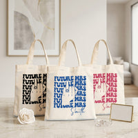 RodyThread Personalized Future Mrs Engagement Party Favor Canvas Tote Bag For Bride To Be Groovy 70s Retro Aesthetic Natural Cotton Custom Bachelorette Bridal Party Gifts Girls Trip Bach Club Welcome Bag Ring Finger Design