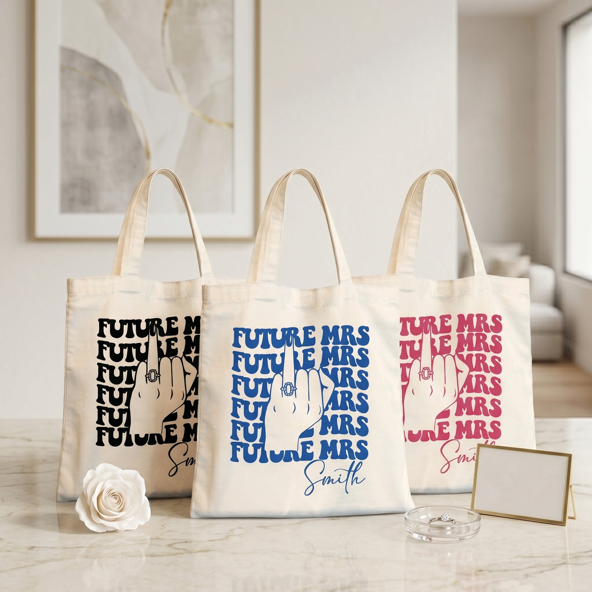 RodyThread Personalized Future Mrs Engagement Party Favor Canvas Tote Bag For Bride To Be Groovy 70s Retro Aesthetic Natural Cotton Custom Bachelorette Bridal Party Gifts Girls Trip Bach Club Welcome Bag Ring Finger Design