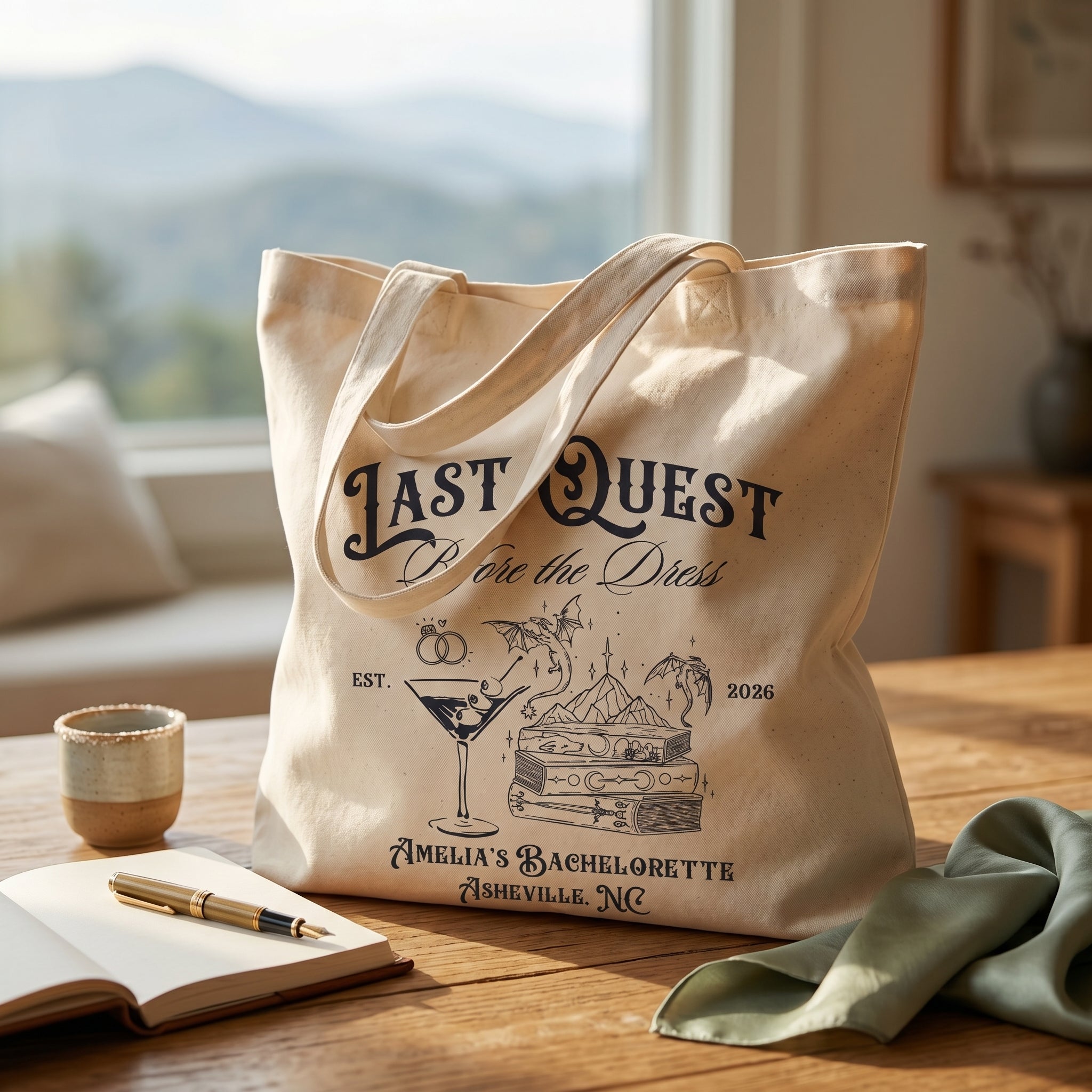 RodyThread Last Quest Before the Dress Tote Bag For Bride And Bridesmaids Bachelorette Squad Gift Fantasy RPG Medieval Renaissance Faire Bookish Aesthetic Natural Canvas Custom DND Party Favor Goodie Bag Hangover Kit Reusable