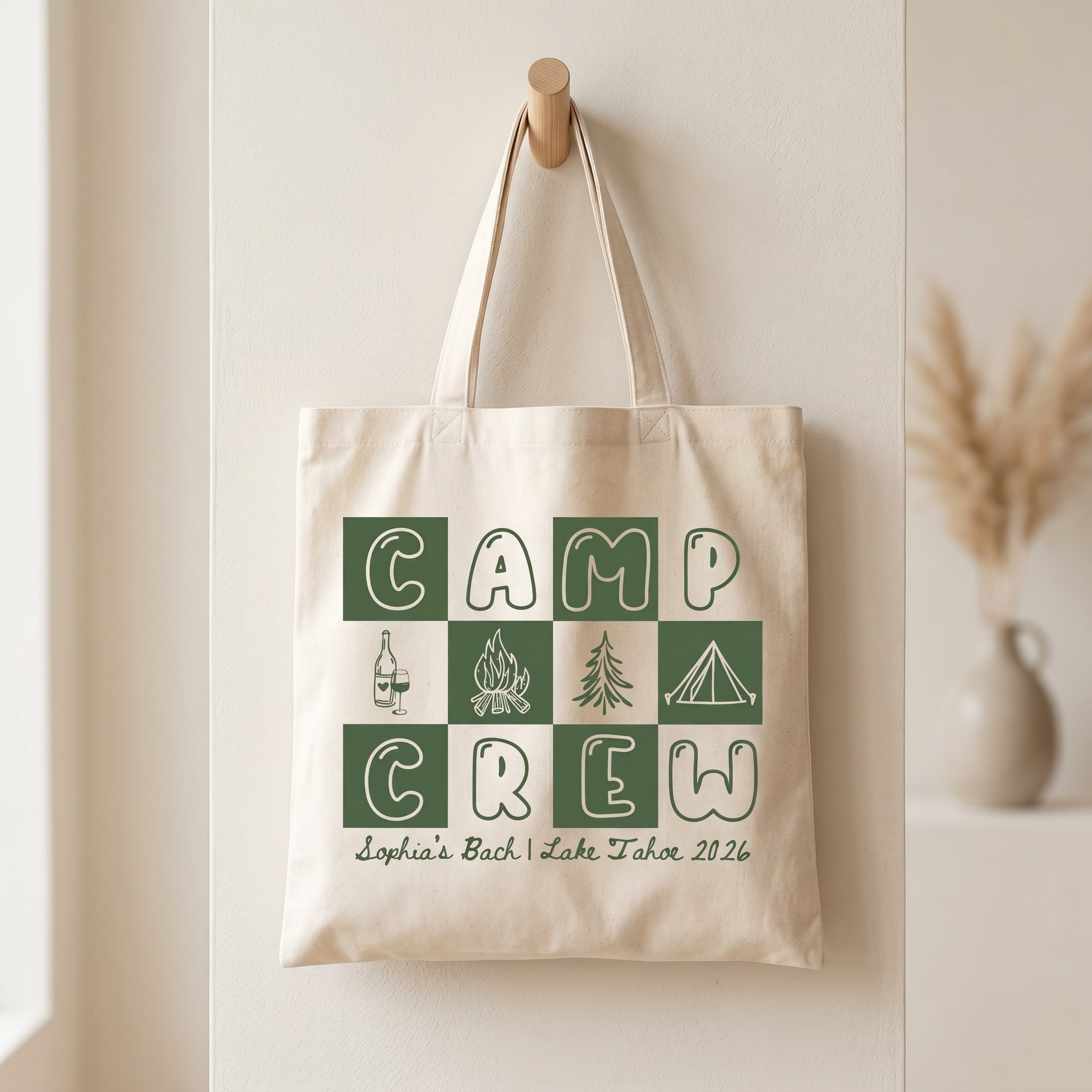 RodyThread Camp Bach Crew Lake Tahoe Bachelorette Party Favors Tote Bag For Bridesmaids Bridal Squad Retro 90s Preppy Glamping Aesthetic Custom Off-White Canvas Reusable Bag Cabin Trip Goodie Bags Last Trail Gifts