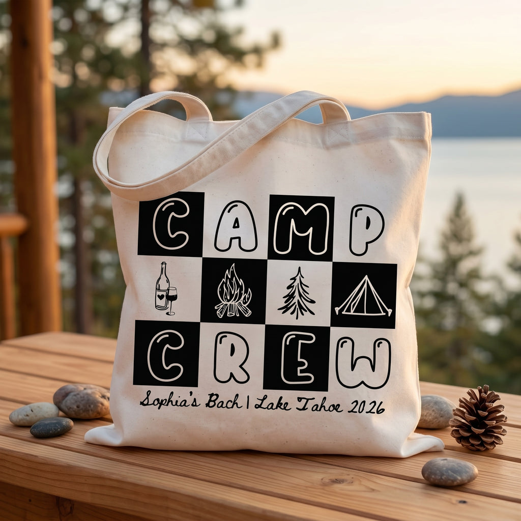 RodyThread Camp Bach Crew Lake Tahoe Bachelorette Party Favors Tote Bag For Bridesmaids Bridal Squad Retro 90s Preppy Glamping Aesthetic Custom Off-White Canvas Reusable Bag Cabin Trip Goodie Bags Last Trail Gifts