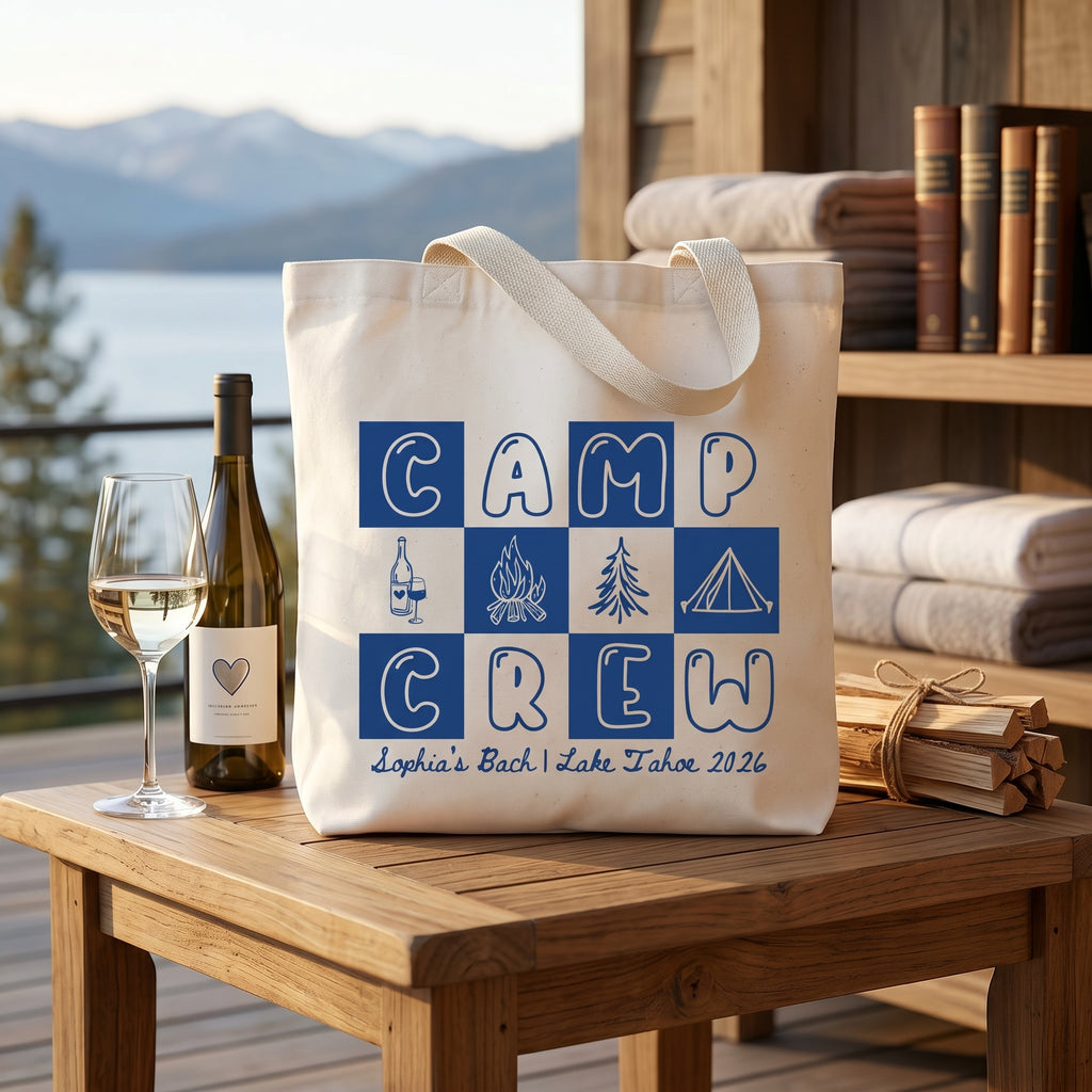 RodyThread Camp Bach Crew Lake Tahoe Bachelorette Party Favors Tote Bag For Bridesmaids Bridal Squad Retro 90s Preppy Glamping Aesthetic Custom Off-White Canvas Reusable Bag Cabin Trip Goodie Bags Last Trail Gifts