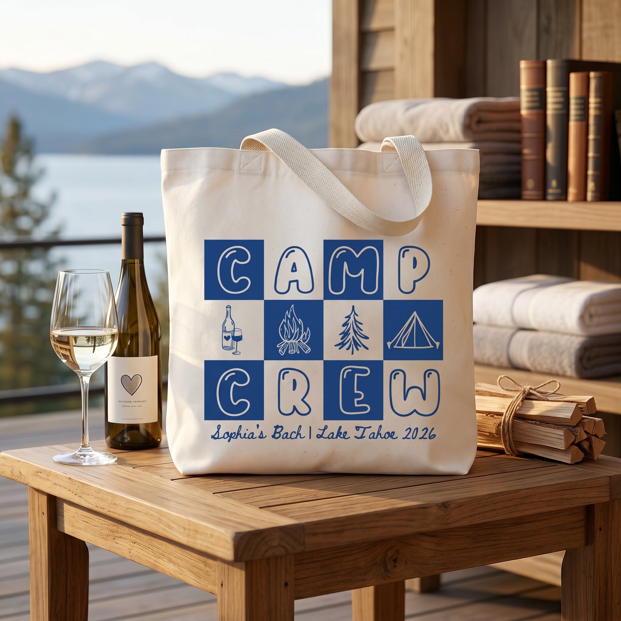 RodyThread Camp Bach Crew Lake Tahoe Bachelorette Party Favors Tote Bag For Bridesmaids Bridal Squad Retro 90s Preppy Glamping Aesthetic Custom Off-White Canvas Reusable Bag Cabin Trip Goodie Bags Last Trail Gifts