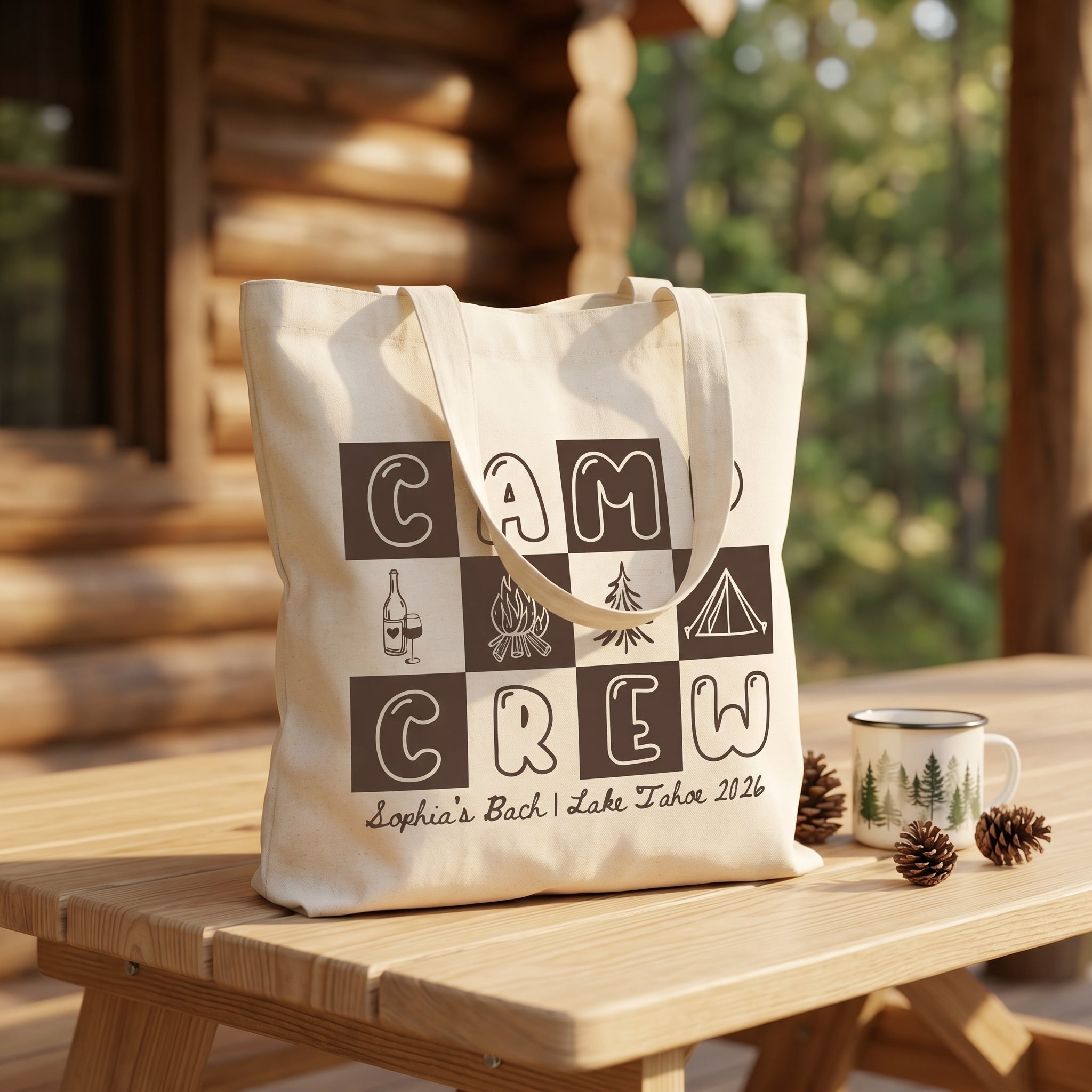 RodyThread Camp Bach Crew Lake Tahoe Bachelorette Party Favors Tote Bag For Bridesmaids Bridal Squad Retro 90s Preppy Glamping Aesthetic Custom Off-White Canvas Reusable Bag Cabin Trip Goodie Bags Last Trail Gifts