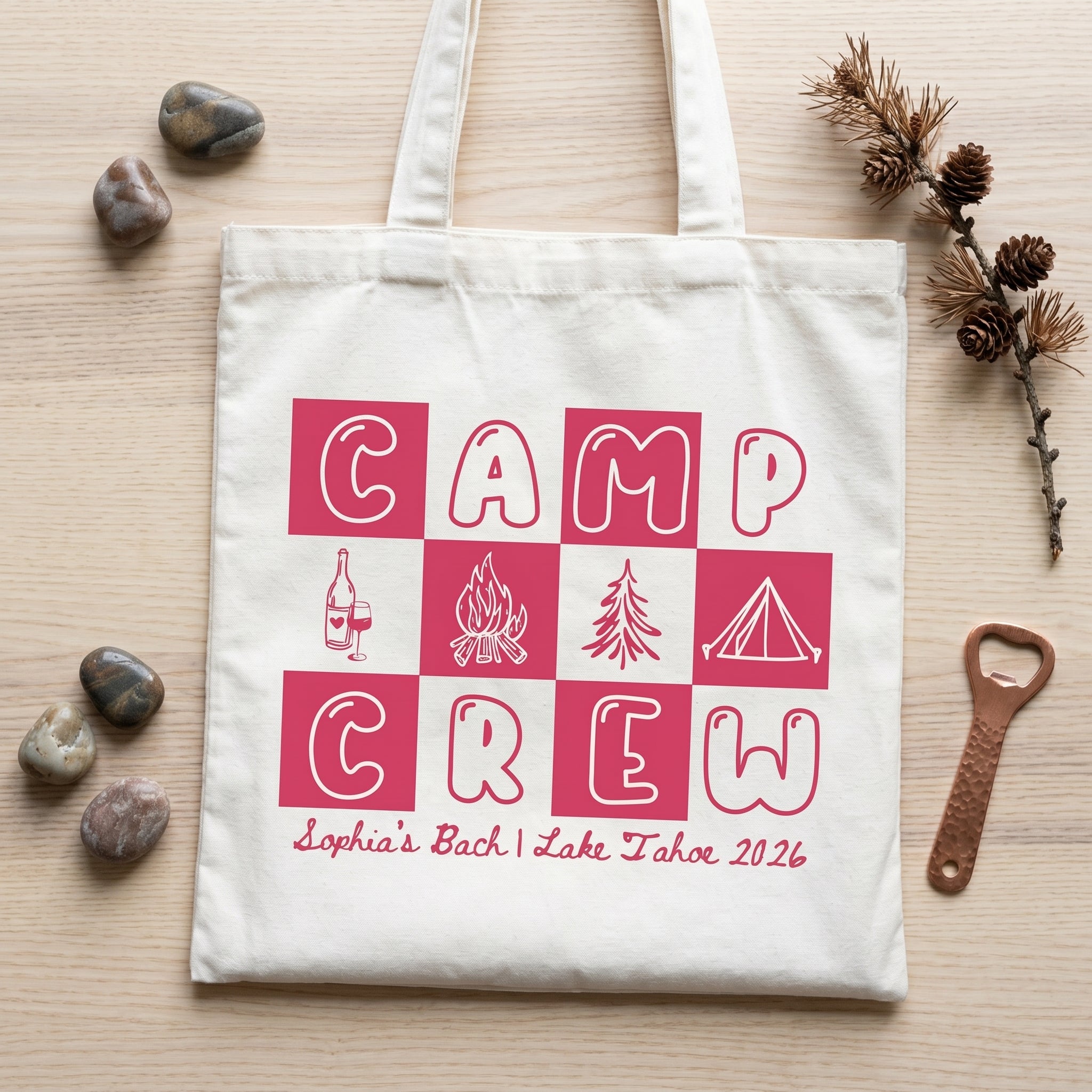 RodyThread Camp Bach Crew Lake Tahoe Bachelorette Party Favors Tote Bag For Bridesmaids Bridal Squad Retro 90s Preppy Glamping Aesthetic Custom Off-White Canvas Reusable Bag Cabin Trip Goodie Bags Last Trail Gifts