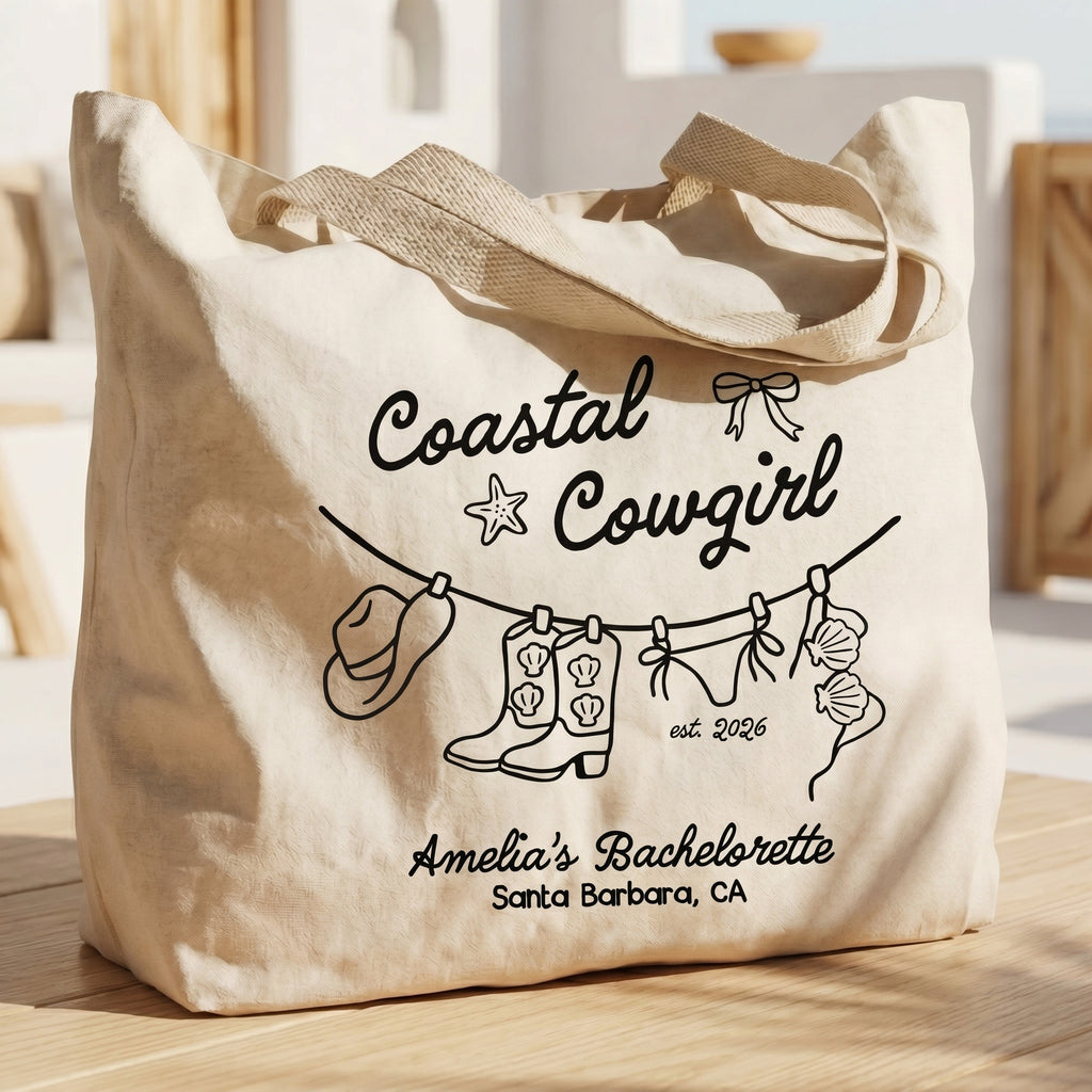 RodyThread Coastal Cowgirl Bachelorette Canvas Tote Bag For Bridesmaids And Beach Bride Western Preppy Aesthetic Cream Blue Last Toast On The Coast Hangover Kit Gift Bag Custom Bridesmaid Favor Girls Trip Reusable Beach Tote