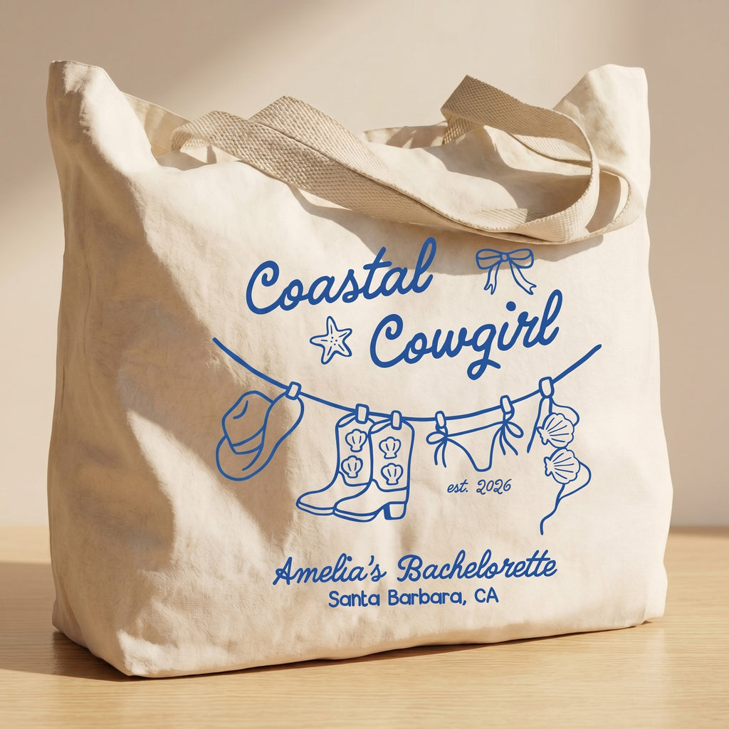 RodyThread Coastal Cowgirl Bachelorette Canvas Tote Bag For Bridesmaids And Beach Bride Western Preppy Aesthetic Cream Blue Last Toast On The Coast Hangover Kit Gift Bag Custom Bridesmaid Favor Girls Trip Reusable Beach Tote