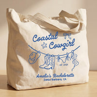 RodyThread Coastal Cowgirl Bachelorette Canvas Tote Bag For Bridesmaids And Beach Bride Western Preppy Aesthetic Cream Blue Last Toast On The Coast Hangover Kit Gift Bag Custom Bridesmaid Favor Girls Trip Reusable Beach Tote