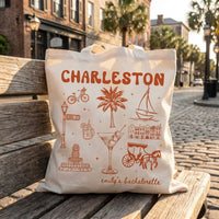 Personalized Charleston Bachelorette Canvas Tote Bag Custom Bridal Party Favor for Bridesmaids Preppy Coastal Southern Charm Hand-Drawn Aesthetic Natural Cotton Destination Wedding Welcome Totes Swag Bag Gift