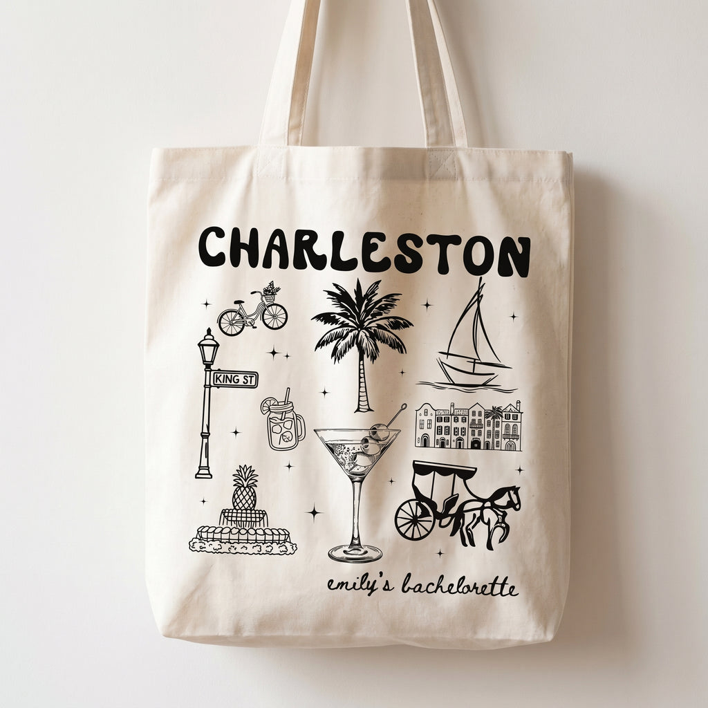 Personalized Charleston Bachelorette Canvas Tote Bag Custom Bridal Party Favor for Bridesmaids Preppy Coastal Southern Charm Hand-Drawn Aesthetic Natural Cotton Destination Wedding Welcome Totes Swag Bag Gift