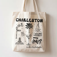 Personalized Charleston Bachelorette Canvas Tote Bag Custom Bridal Party Favor for Bridesmaids Preppy Coastal Southern Charm Hand-Drawn Aesthetic Natural Cotton Destination Wedding Welcome Totes Swag Bag Gift