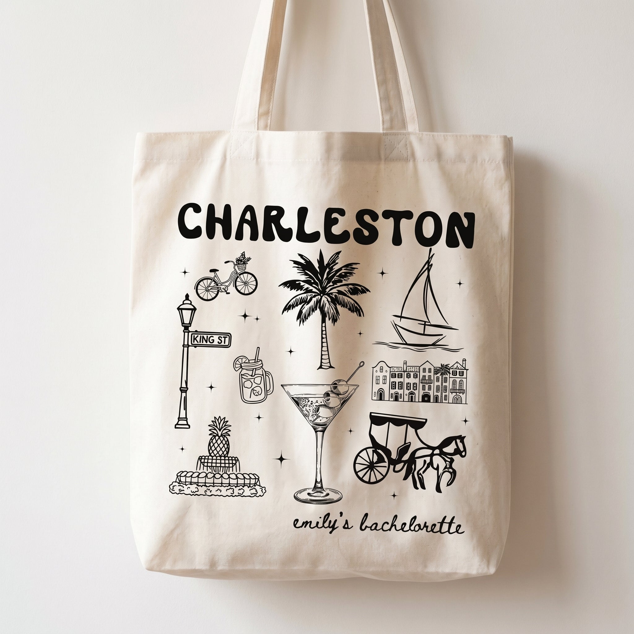 Personalized Charleston Bachelorette Canvas Tote Bag Custom Bridal Party Favor for Bridesmaids Preppy Coastal Southern Charm Hand-Drawn Aesthetic Natural Cotton Destination Wedding Welcome Totes Swag Bag Gift