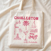 Personalized Charleston Bachelorette Canvas Tote Bag Custom Bridal Party Favor for Bridesmaids Preppy Coastal Southern Charm Hand-Drawn Aesthetic Natural Cotton Destination Wedding Welcome Totes Swag Bag Gift