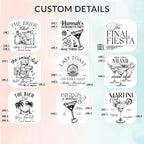 Customization options showing nine black bachelorette party graphic designs with palm trees, martinis, and text on white