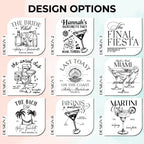 Nine custom bachelorette bag canvas tote bag design options featuring tropical and cocktail graphics.