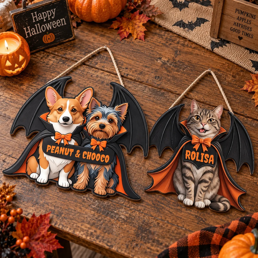 Vampire Cat Halloween Door Hanger Personalized Custom Name Wooden Front Door Sign Decor