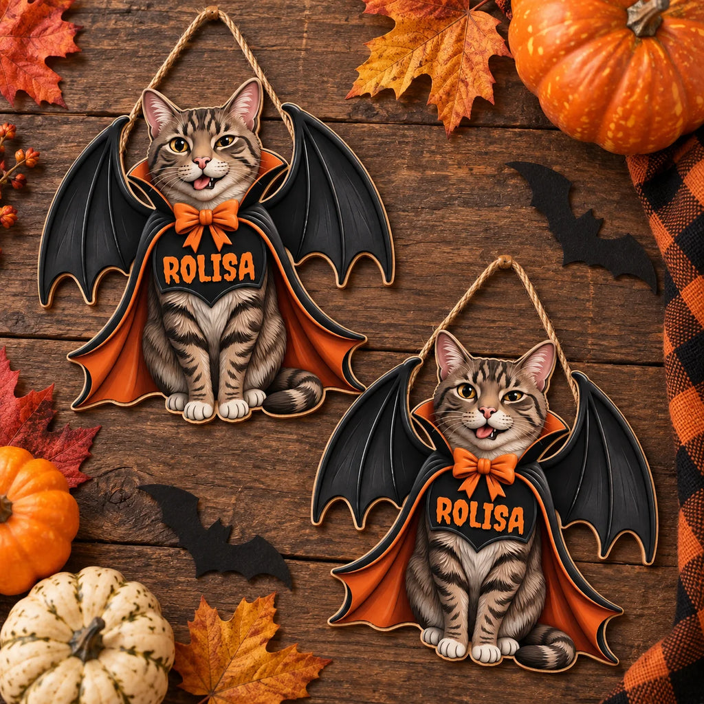 Vampire Cat Halloween Door Hanger Personalized Custom Name Wooden Front Door Sign Decor
