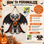 Close-up of Vampire Cat Halloween Door Hanger Personalized Custom Name Wooden Front Door Sign Decor